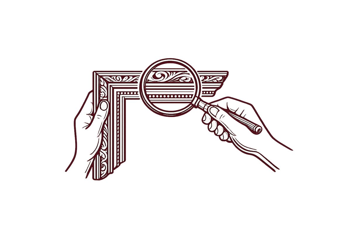 Illustration of a hand holding a magnifying glass to inspect a decorative frame.