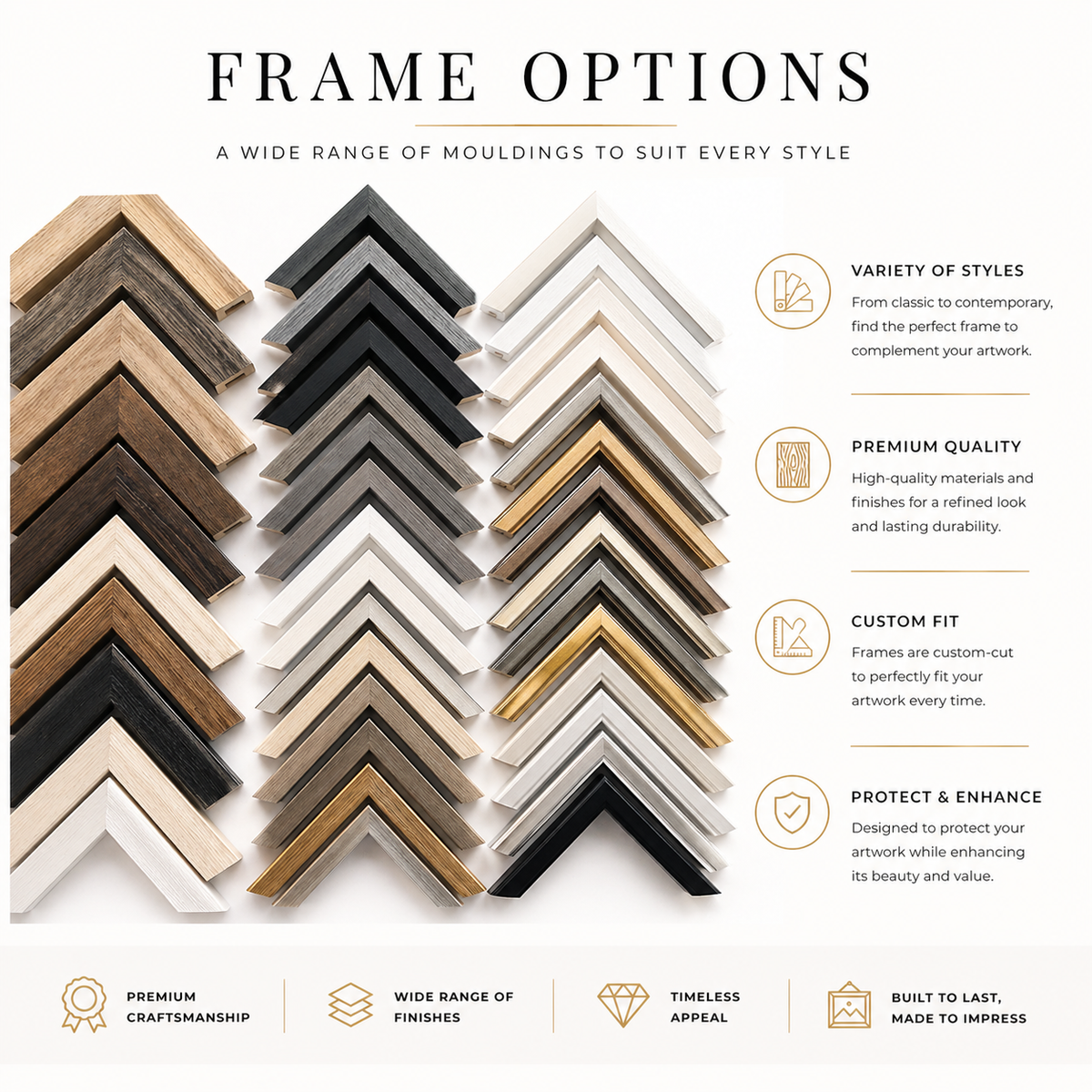 Collection of wooden picture frames in various styles and colors 