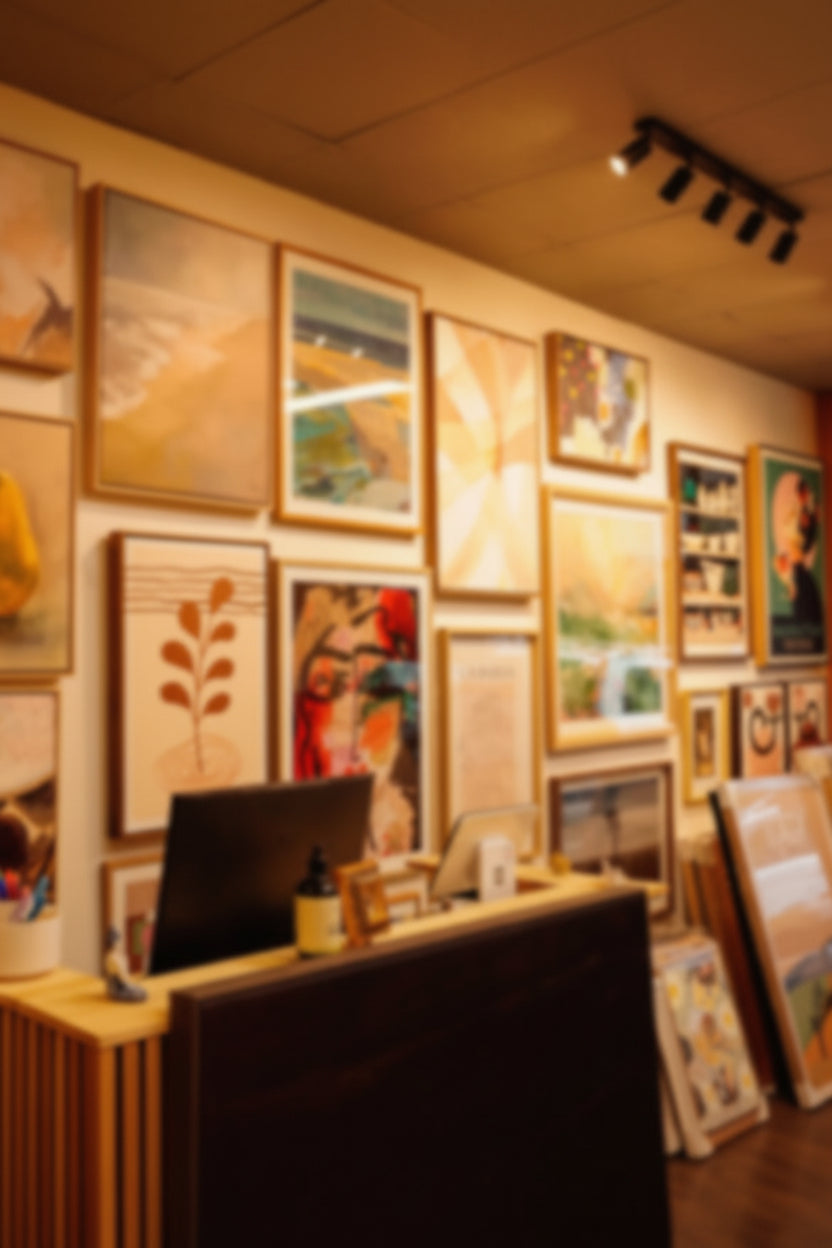 Wall with various framed artworks in a gallery setting